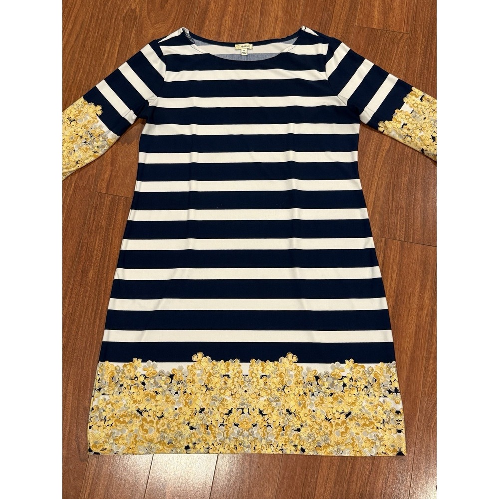 Haani Womens Dress XL Navy Blue White Striped Yellow Floral 3/4 Sleeve Knee Maxi